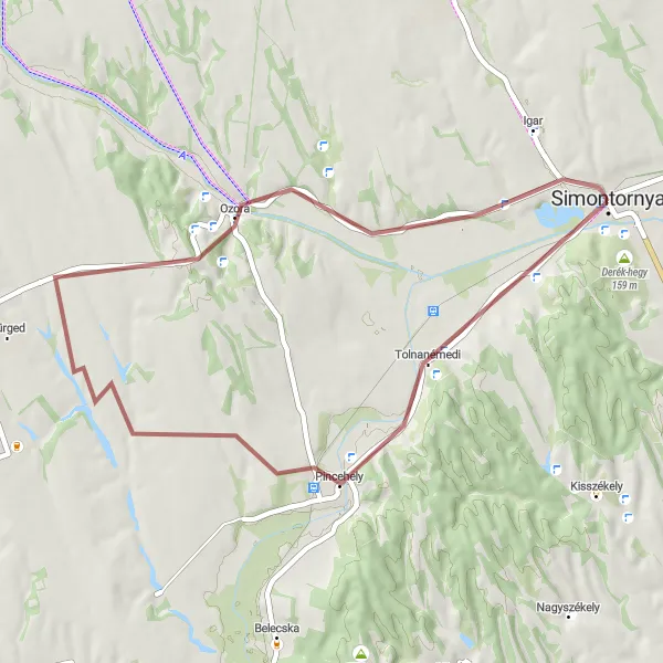 Map miniature of "Gravel Loop to Ozora, Pincehely, and Fried Castle Resort" cycling inspiration in Dél-Dunántúl, Hungary. Generated by Tarmacs.app cycling route planner