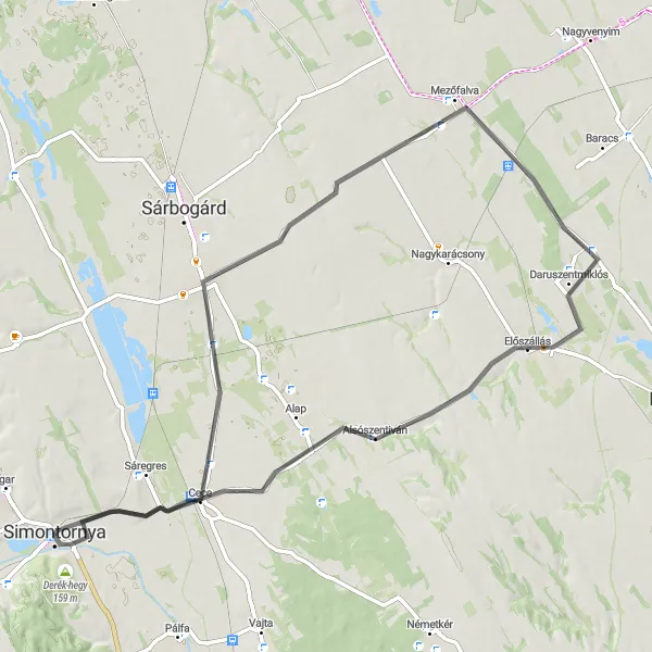 Map miniature of "Sárszentmiklós Road Loop" cycling inspiration in Dél-Dunántúl, Hungary. Generated by Tarmacs.app cycling route planner