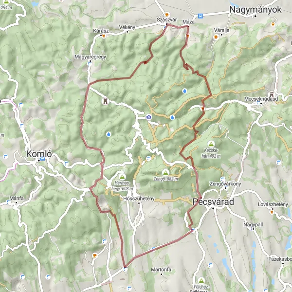 Map miniature of "Adventurous Trails from Szászvár" cycling inspiration in Dél-Dunántúl, Hungary. Generated by Tarmacs.app cycling route planner