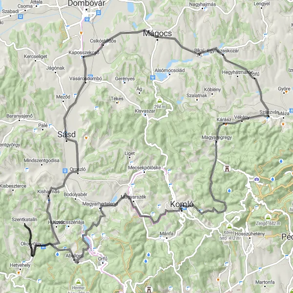 Map miniature of "Pécs Road Cycling Challenge" cycling inspiration in Dél-Dunántúl, Hungary. Generated by Tarmacs.app cycling route planner