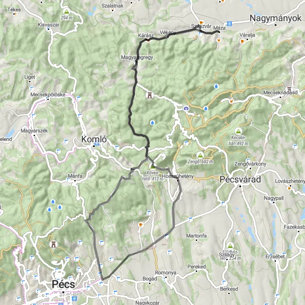 Map miniature of "Szászvár and the Peaks" cycling inspiration in Dél-Dunántúl, Hungary. Generated by Tarmacs.app cycling route planner