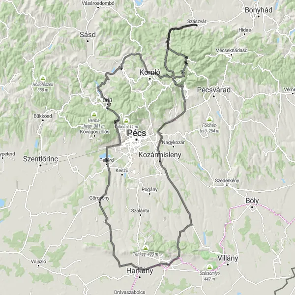 Map miniature of "Traverse the Hills of Szászvár" cycling inspiration in Dél-Dunántúl, Hungary. Generated by Tarmacs.app cycling route planner