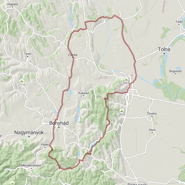 Map miniature of "Historical Gravel Tour in Dél-Dunántúl" cycling inspiration in Dél-Dunántúl, Hungary. Generated by Tarmacs.app cycling route planner