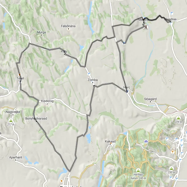 Map miniature of "Challenging Hills of Bonyhádvarasd" cycling inspiration in Dél-Dunántúl, Hungary. Generated by Tarmacs.app cycling route planner