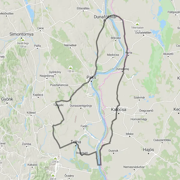 Map miniature of "The Journey Through Danube Valley" cycling inspiration in Dél-Dunántúl, Hungary. Generated by Tarmacs.app cycling route planner