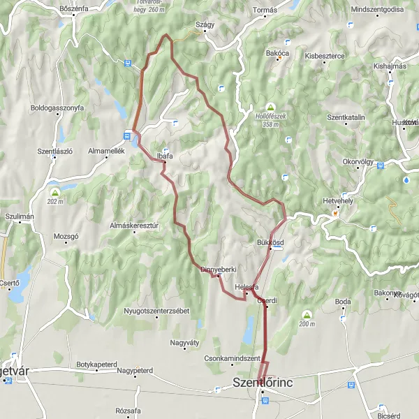 Map miniature of "Gravel cycling around Szentlőrinc" cycling inspiration in Dél-Dunántúl, Hungary. Generated by Tarmacs.app cycling route planner