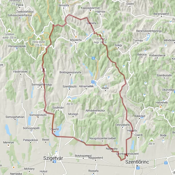 Map miniature of "Gravel Adventure in Somogyhárságy" cycling inspiration in Dél-Dunántúl, Hungary. Generated by Tarmacs.app cycling route planner