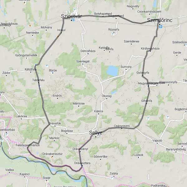 Map miniature of "Sellye Road Adventure" cycling inspiration in Dél-Dunántúl, Hungary. Generated by Tarmacs.app cycling route planner