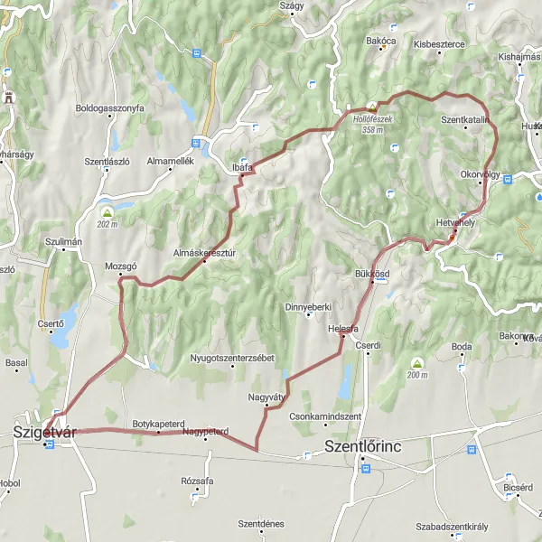 Map miniature of "The Bükkösd Loop" cycling inspiration in Dél-Dunántúl, Hungary. Generated by Tarmacs.app cycling route planner