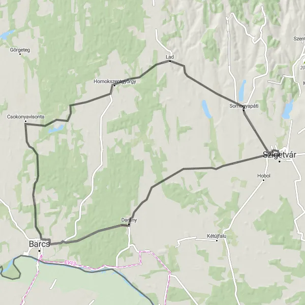 Map miniature of "The Nagydobsza Challenge" cycling inspiration in Dél-Dunántúl, Hungary. Generated by Tarmacs.app cycling route planner