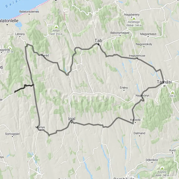 Map miniature of "Tamási-Nagykónyi-Lápafő-Mernye-Gamás-Karád-Andocs-Tengőd-Iregszemcse" cycling inspiration in Dél-Dunántúl, Hungary. Generated by Tarmacs.app cycling route planner