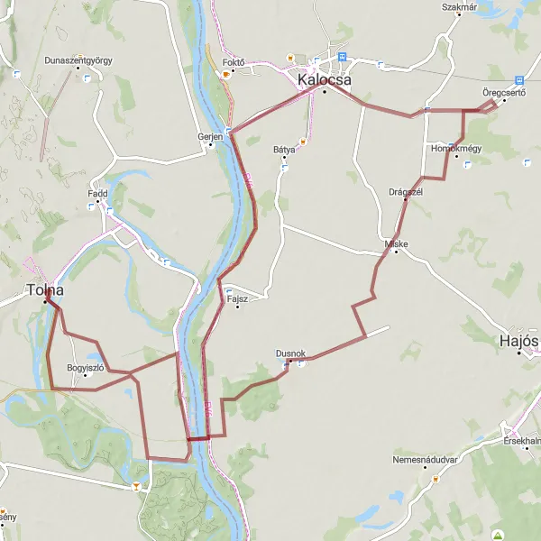 Map miniature of "Meszes, Homokmégy, and Tolna Gravel Adventure" cycling inspiration in Dél-Dunántúl, Hungary. Generated by Tarmacs.app cycling route planner