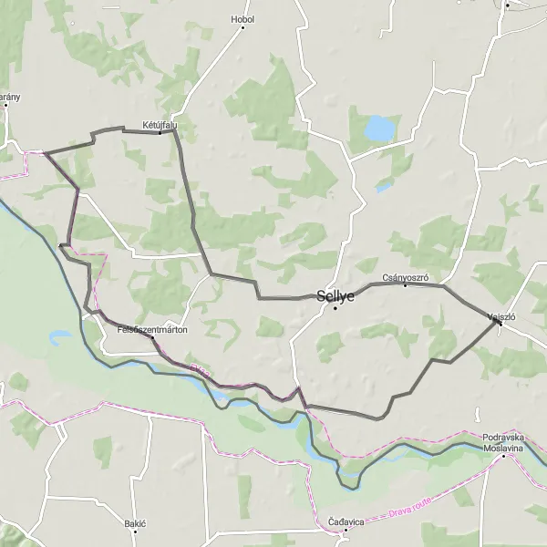 Map miniature of "Dráva River Cruise" cycling inspiration in Dél-Dunántúl, Hungary. Generated by Tarmacs.app cycling route planner