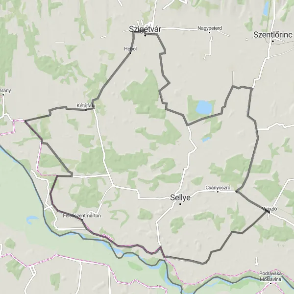 Map miniature of "Szentegát Loop" cycling inspiration in Dél-Dunántúl, Hungary. Generated by Tarmacs.app cycling route planner