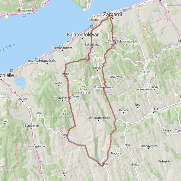 Map miniature of "Balaton Circuit Gravel Adventure" cycling inspiration in Dél-Dunántúl, Hungary. Generated by Tarmacs.app cycling route planner