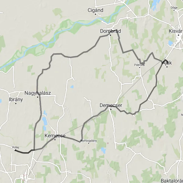 Map miniature of "Ajak-Kemecse-Nagyhalász-Pátroha Route" cycling inspiration in Észak-Alföld, Hungary. Generated by Tarmacs.app cycling route planner