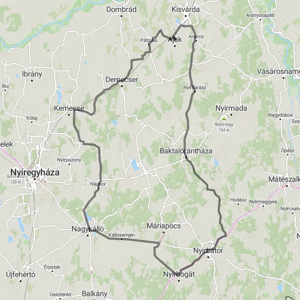 Map miniature of "Ajak-Nyírkarász-Kántorjánosi Circuit" cycling inspiration in Észak-Alföld, Hungary. Generated by Tarmacs.app cycling route planner