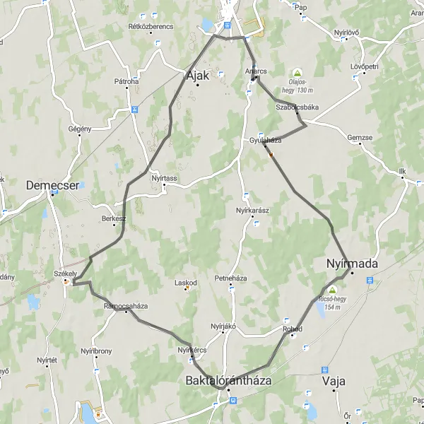 Map miniature of "Szabolcsbáka Loop" cycling inspiration in Észak-Alföld, Hungary. Generated by Tarmacs.app cycling route planner