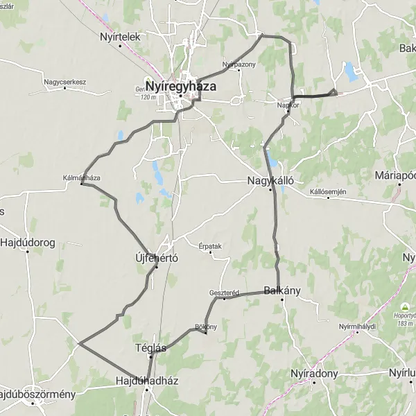 Map miniature of "Road Cycling Adventure to Újfehértó" cycling inspiration in Észak-Alföld, Hungary. Generated by Tarmacs.app cycling route planner