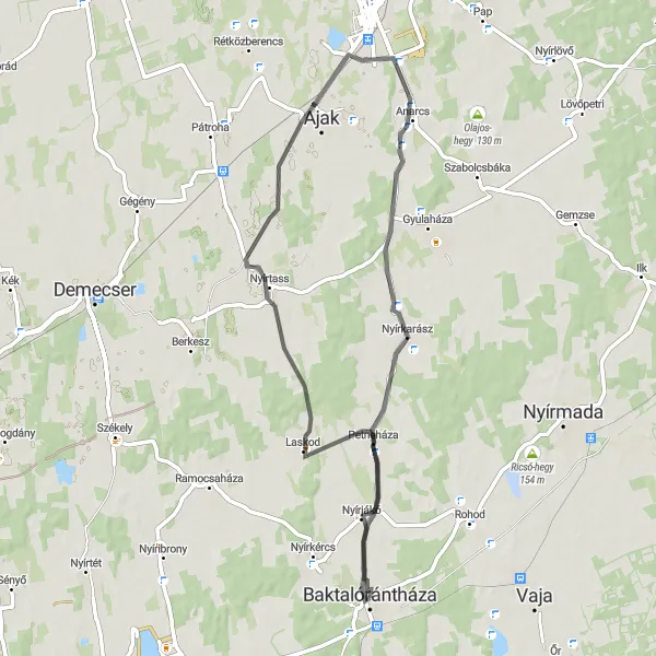 Map miniature of "Nyírtass Loop" cycling inspiration in Észak-Alföld, Hungary. Generated by Tarmacs.app cycling route planner