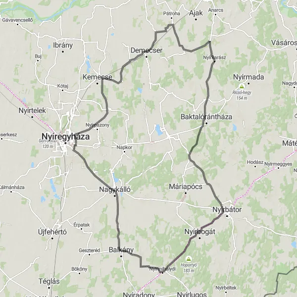 Map miniature of "Nagykálló Road Tour" cycling inspiration in Észak-Alföld, Hungary. Generated by Tarmacs.app cycling route planner