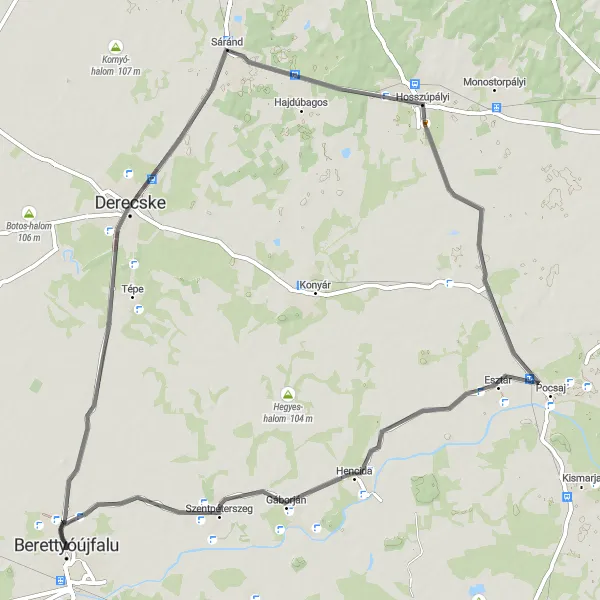 Map miniature of "Berettyóújfalu to Hosszúpályi Road Route" cycling inspiration in Észak-Alföld, Hungary. Generated by Tarmacs.app cycling route planner