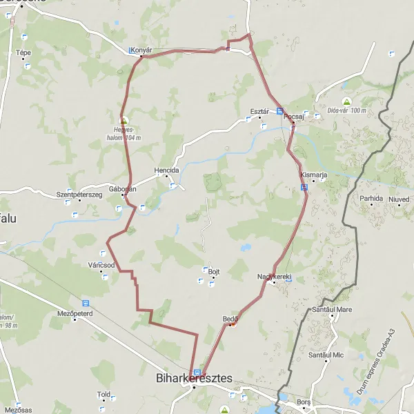 Map miniature of "The Gravel Trails of Biharkeresztes and Gáborján" cycling inspiration in Észak-Alföld, Hungary. Generated by Tarmacs.app cycling route planner