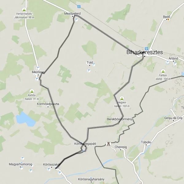 Map miniature of "Biharkeresztes to Körösszegapáti Loop" cycling inspiration in Észak-Alföld, Hungary. Generated by Tarmacs.app cycling route planner