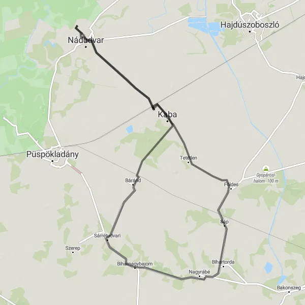 Map miniature of "Scenic road cycling route from Biharnagybajom to Nádudvar" cycling inspiration in Észak-Alföld, Hungary. Generated by Tarmacs.app cycling route planner