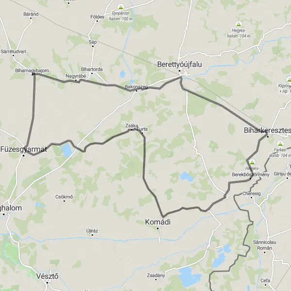 Map miniature of "Biharnagybajom Circuit" cycling inspiration in Észak-Alföld, Hungary. Generated by Tarmacs.app cycling route planner