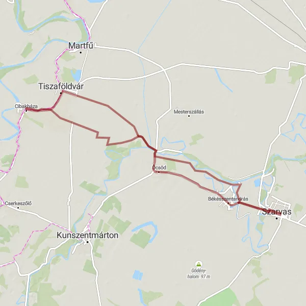 Map miniature of "Rural Gravel Loop through Szarvas" cycling inspiration in Észak-Alföld, Hungary. Generated by Tarmacs.app cycling route planner