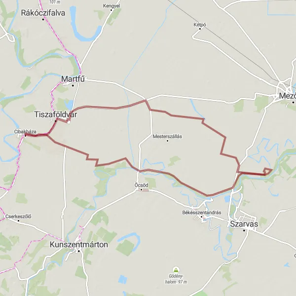 Map miniature of "Gravel to Tiszaföldvár" cycling inspiration in Észak-Alföld, Hungary. Generated by Tarmacs.app cycling route planner