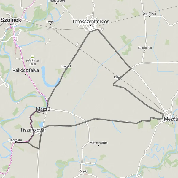 Map miniature of "Road to Tiszaföldvár & Kengyel" cycling inspiration in Észak-Alföld, Hungary. Generated by Tarmacs.app cycling route planner
