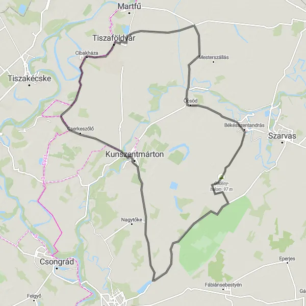 Map miniature of "The Alföld Lavender Fields" cycling inspiration in Észak-Alföld, Hungary. Generated by Tarmacs.app cycling route planner