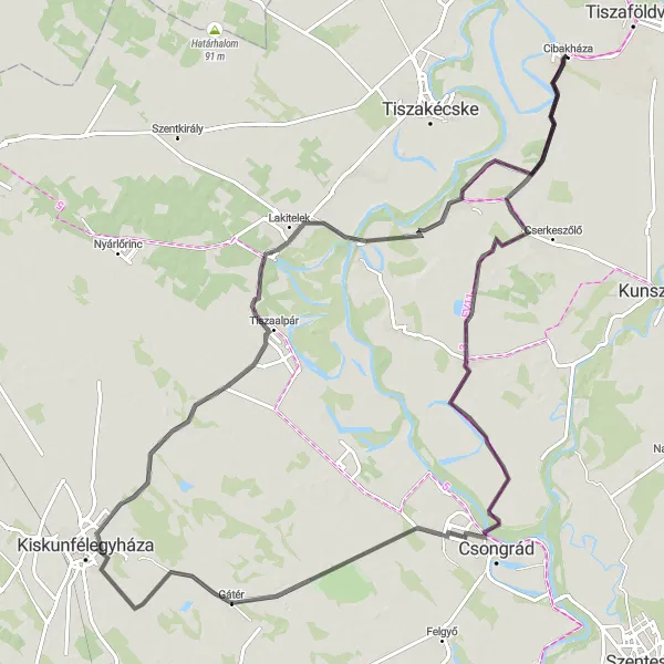 Map miniature of "Road to Gátér & Kiskunfélegyháza" cycling inspiration in Észak-Alföld, Hungary. Generated by Tarmacs.app cycling route planner