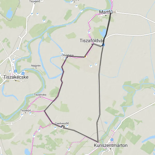 Map miniature of "The Natural Beauty of Tiszaföldvár" cycling inspiration in Észak-Alföld, Hungary. Generated by Tarmacs.app cycling route planner