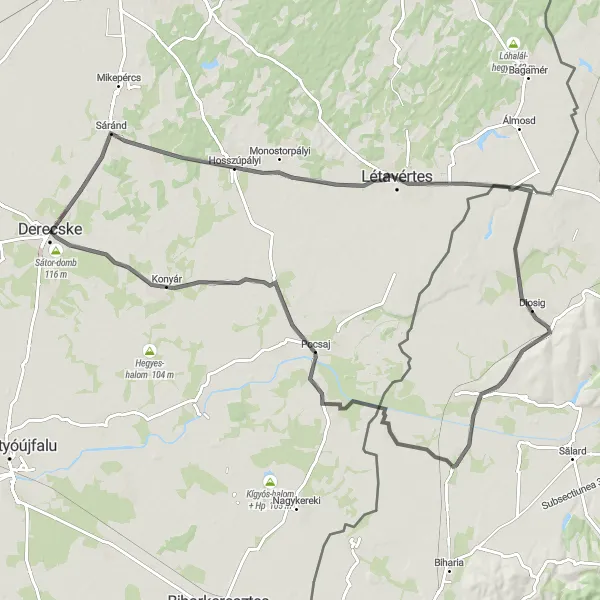 Map miniature of "Scenic Road Loop" cycling inspiration in Észak-Alföld, Hungary. Generated by Tarmacs.app cycling route planner