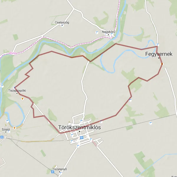 Map miniature of "The Törökszentmiklós Gravel Loop" cycling inspiration in Észak-Alföld, Hungary. Generated by Tarmacs.app cycling route planner