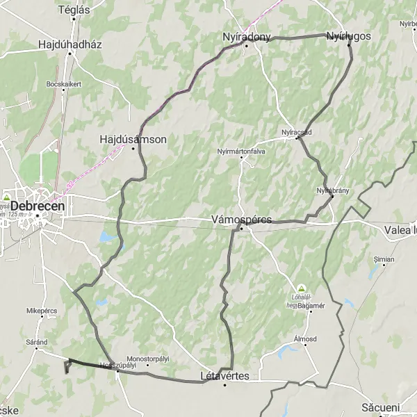 Map miniature of "Road Cycling Adventure around Hajdúbagos" cycling inspiration in Észak-Alföld, Hungary. Generated by Tarmacs.app cycling route planner