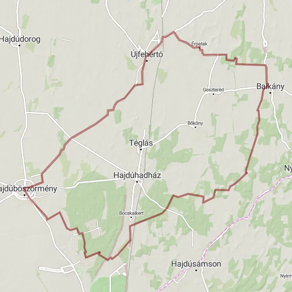 Map miniature of "Gravel Adventure to Újfehértó and Görénypuszta" cycling inspiration in Észak-Alföld, Hungary. Generated by Tarmacs.app cycling route planner