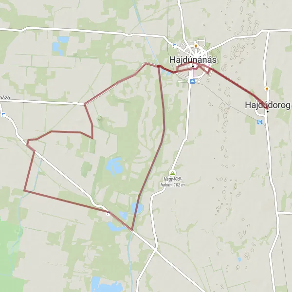 Map miniature of "Hajdúnánás - Sirályoldal - Hajdúdorog Gravel Cycling Route" cycling inspiration in Észak-Alföld, Hungary. Generated by Tarmacs.app cycling route planner