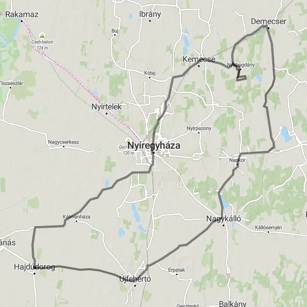 Map miniature of "Jak - Napkor - Újfehértó - Hajdúdorog Road Cycling Route" cycling inspiration in Észak-Alföld, Hungary. Generated by Tarmacs.app cycling route planner