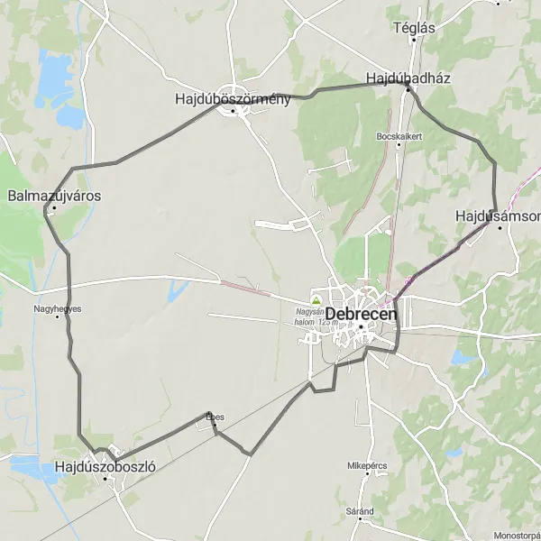 Map miniature of "Exploring the Countryside" cycling inspiration in Észak-Alföld, Hungary. Generated by Tarmacs.app cycling route planner