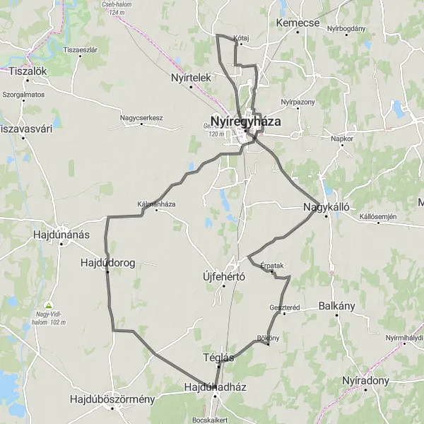 Map miniature of "Hajdúhadház to Nyíregyháza Loop" cycling inspiration in Észak-Alföld, Hungary. Generated by Tarmacs.app cycling route planner