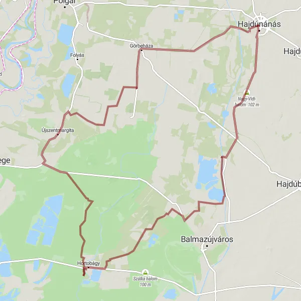 Map miniature of "Hajdúnánás to Hortobágy Gravel Adventure" cycling inspiration in Észak-Alföld, Hungary. Generated by Tarmacs.app cycling route planner
