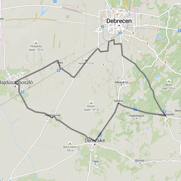 Map miniature of "Sights and Scenery" cycling inspiration in Észak-Alföld, Hungary. Generated by Tarmacs.app cycling route planner