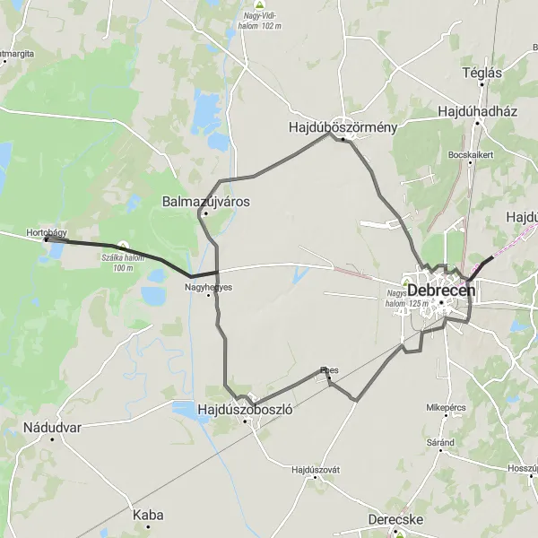 Map miniature of "Hortobágy Scenic Road Loop" cycling inspiration in Észak-Alföld, Hungary. Generated by Tarmacs.app cycling route planner