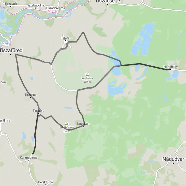 Map miniature of "Hortobágy Loop" cycling inspiration in Észak-Alföld, Hungary. Generated by Tarmacs.app cycling route planner