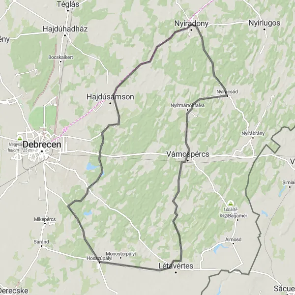 Map miniature of "Scenic Road Cycling Tour around Észak-Alföld" cycling inspiration in Észak-Alföld, Hungary. Generated by Tarmacs.app cycling route planner
