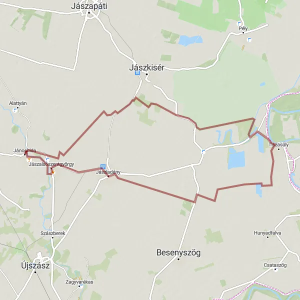 Map miniature of "Jánoshida to Jánoshida via Tiszasüly" cycling inspiration in Észak-Alföld, Hungary. Generated by Tarmacs.app cycling route planner